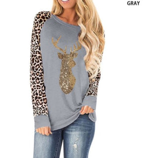 Christmas Fawn Sequins leopard Plus Size O-Neck Long Sleeve T shirts for women 2020 New S-5XL Woman Clothes