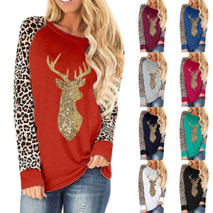 Christmas Fawn Sequins leopard Plus Size O-Neck Long Sleeve T shirts for women 2020 New S-5XL Woman Clothes