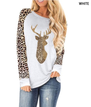 Christmas Fawn Sequins leopard Plus Size O-Neck Long Sleeve T shirts for women 2020 New S-5XL Woman Clothes