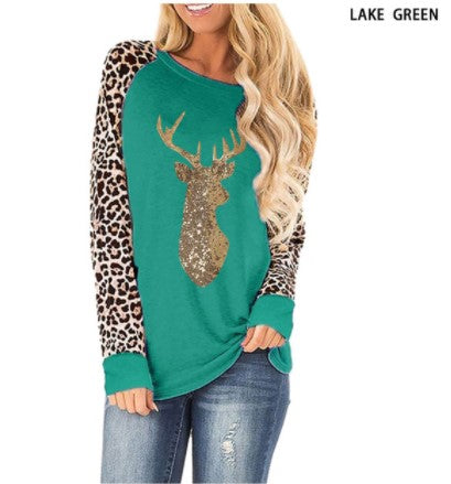 Christmas Fawn Sequins leopard Plus Size O-Neck Long Sleeve T shirts for women 2020 New S-5XL Woman Clothes