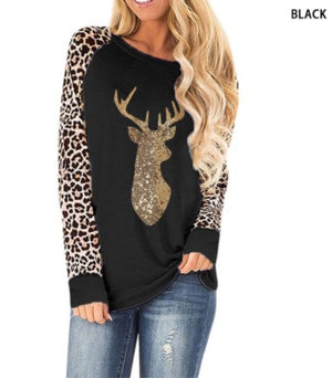 Christmas Fawn Sequins leopard Plus Size O-Neck Long Sleeve T shirts for women 2020 New S-5XL Woman Clothes