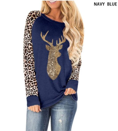 Christmas Fawn Sequins leopard Plus Size O-Neck Long Sleeve T shirts for women 2020 New S-5XL Woman Clothes