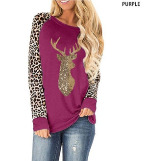 Christmas Fawn Sequins leopard Plus Size O-Neck Long Sleeve T shirts for women 2020 New S-5XL Woman Clothes