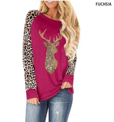 Christmas Fawn Sequins leopard Plus Size O-Neck Long Sleeve T shirts for women 2020 New S-5XL Woman Clothes