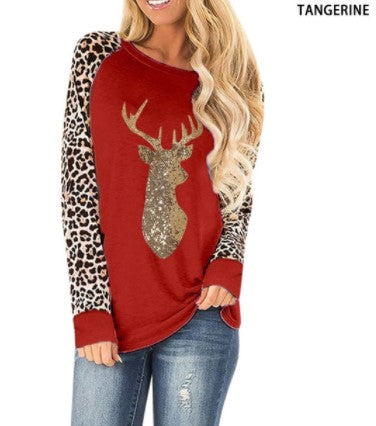 Christmas Fawn Sequins leopard Plus Size O-Neck Long Sleeve T shirts for women 2020 New S-5XL Woman Clothes